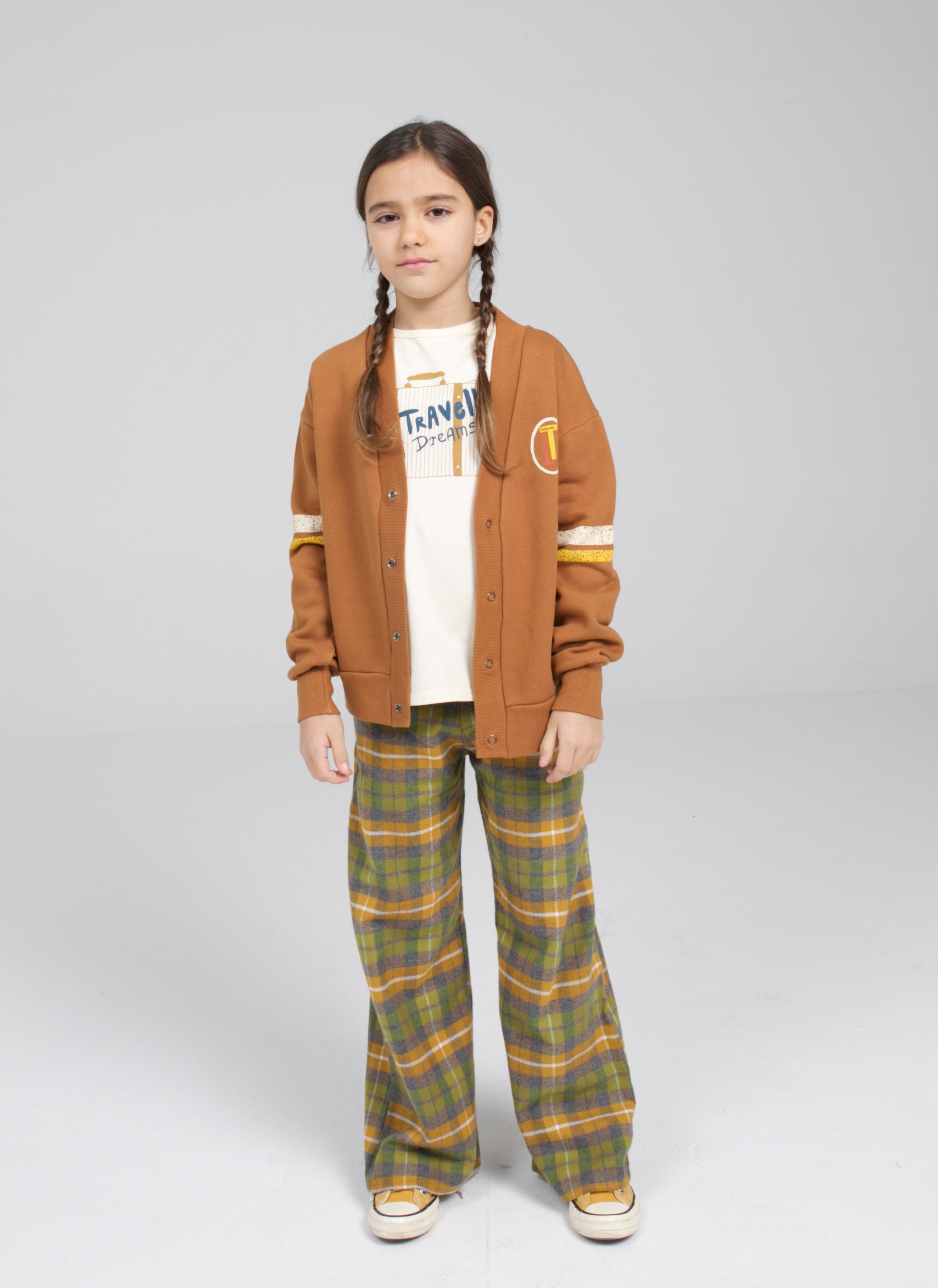 Yellow wide-leg checked trousers