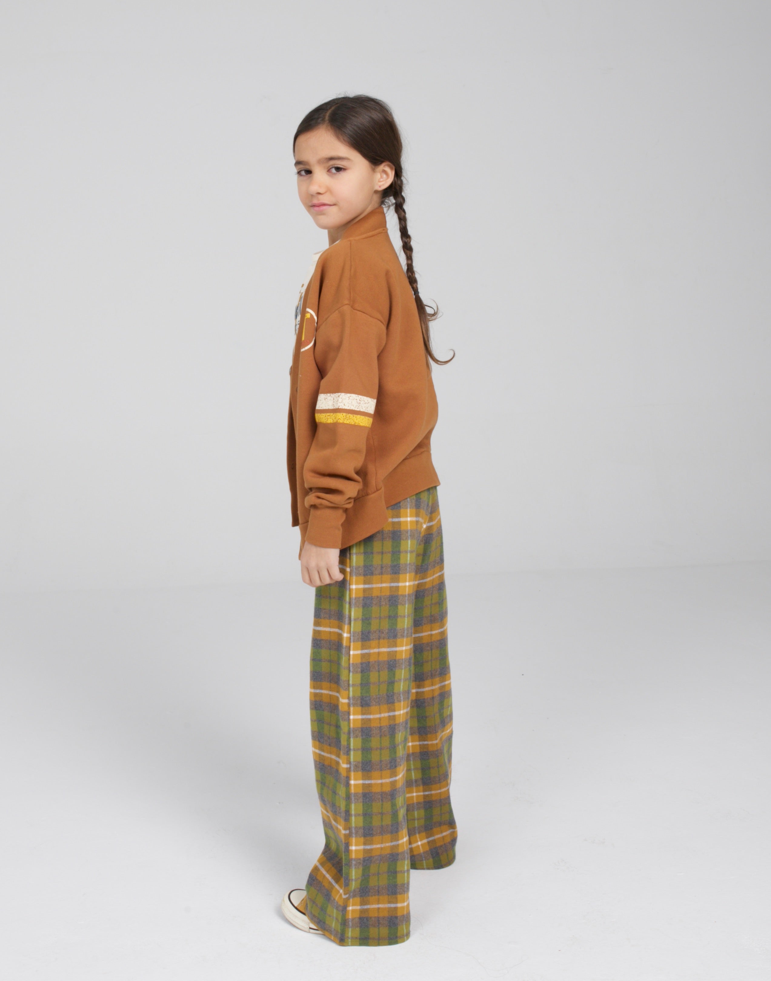 Yellow wide-leg checked trousers