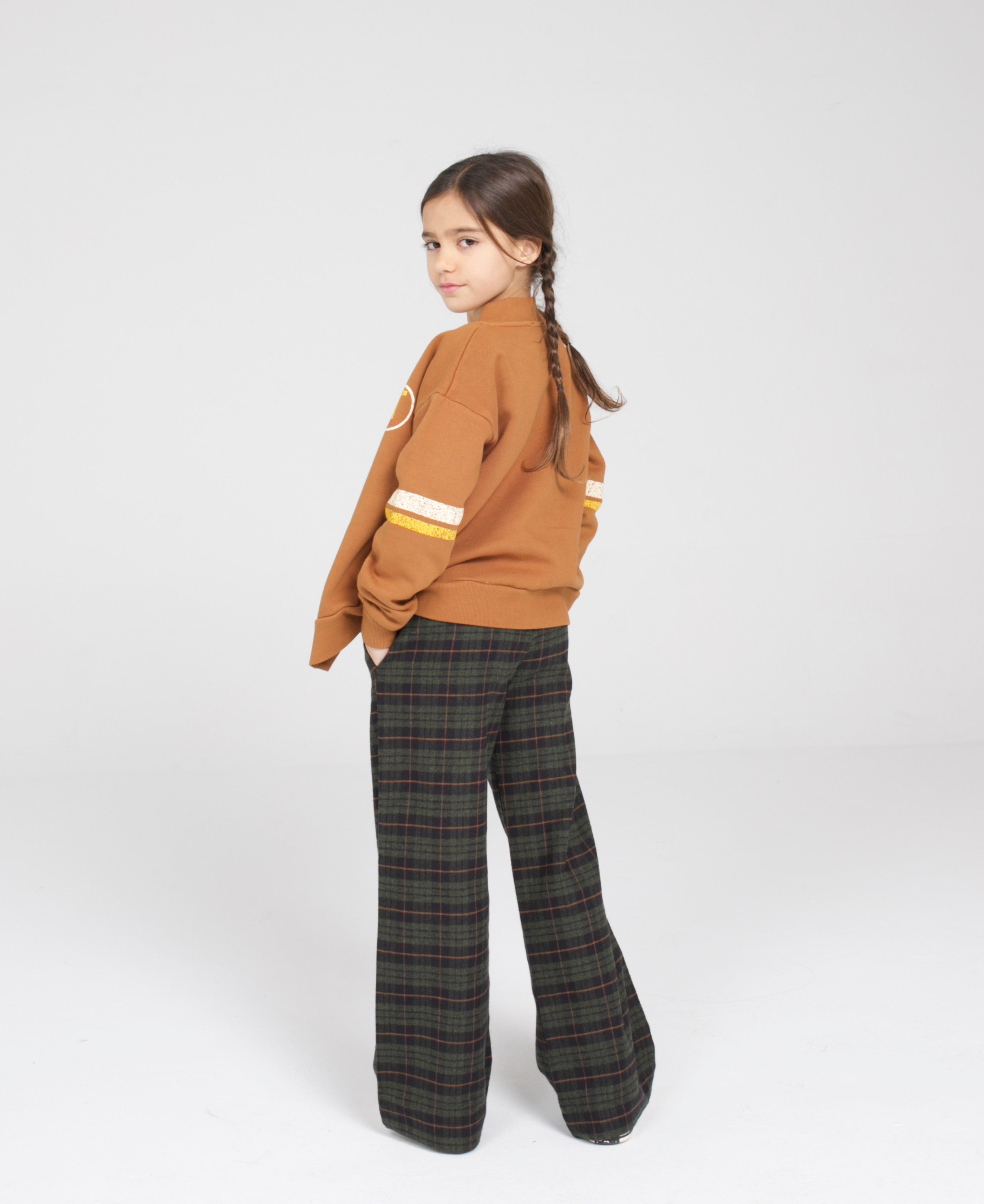 Green & black wide-leg checked trousers