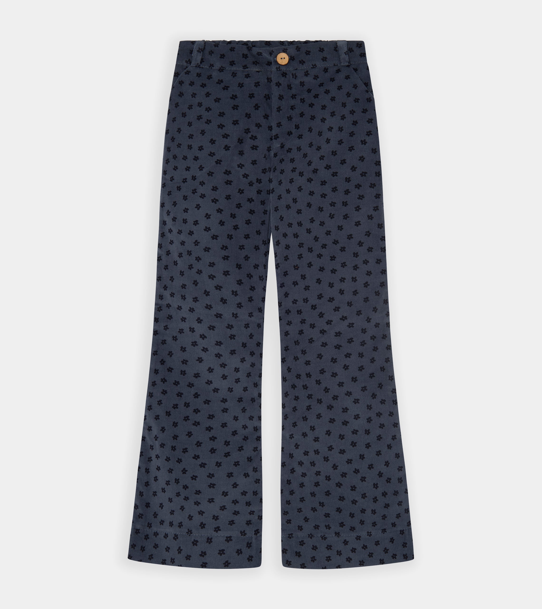Flared Blue Flower Print Corduroy Trousers